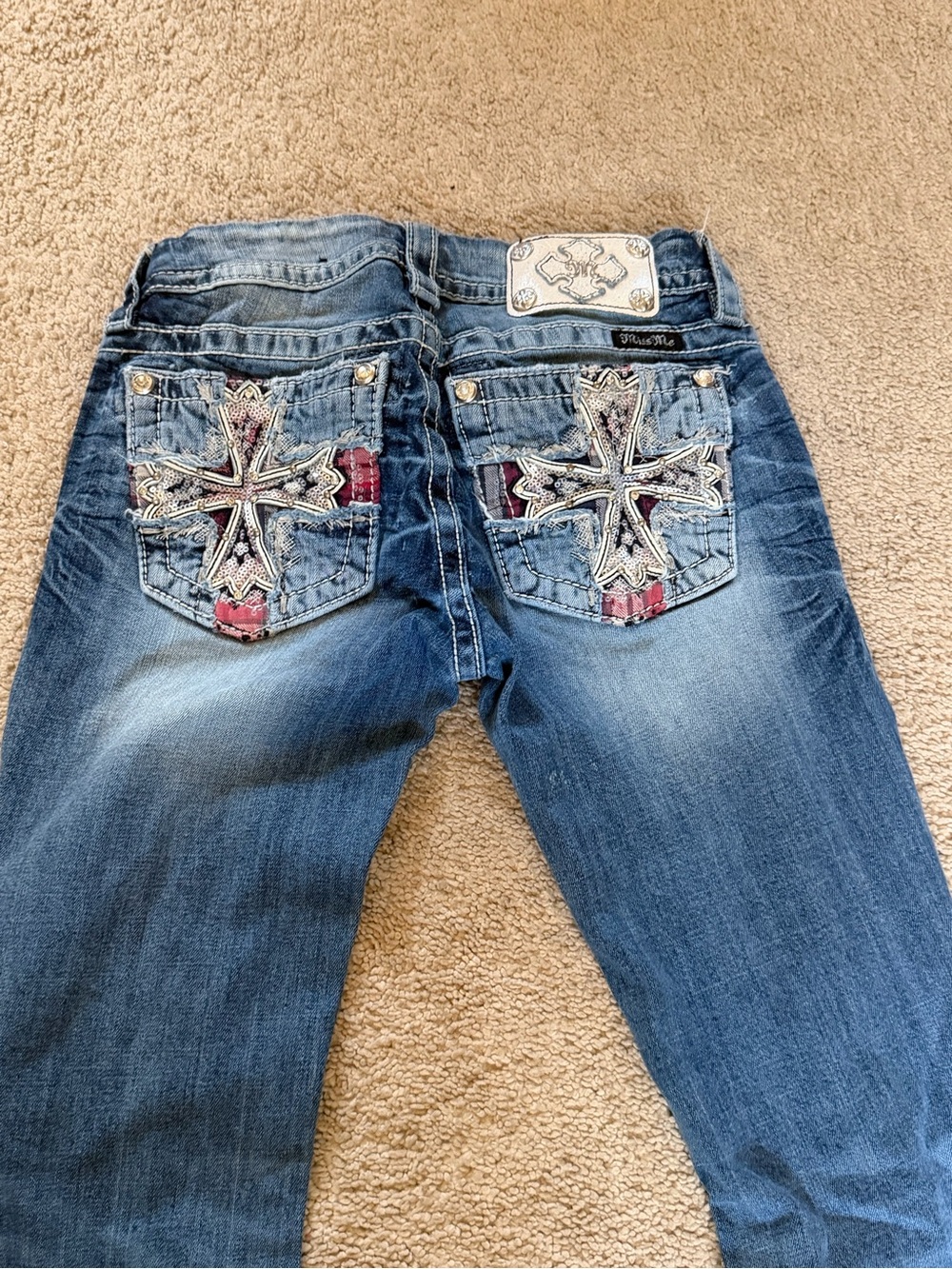 Vintage 2000s Miss Me Distressed Light Blue Bootcut Jeans - Picture 2 of 3